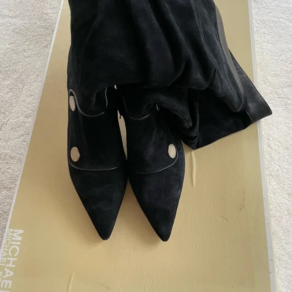 Michael Kors black suede with leather trimmed knee high mid heel boots. - Picture 3 of 6